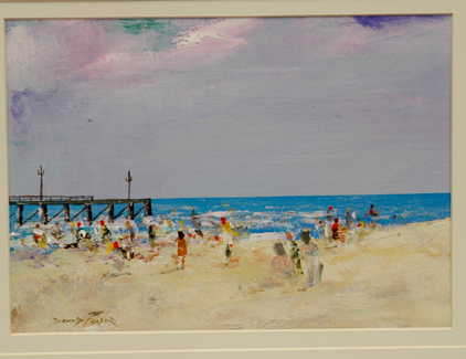 Appraisal: DONALD FRASER Active s Bathers by the pier Acrylic on