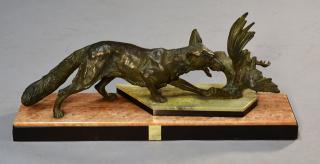 Appraisal: French Art-Deco bronze fox and chicken on multi colored onyx