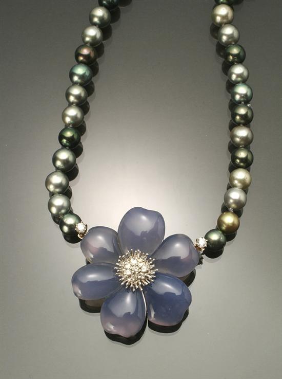 Appraisal: Matinee Length Multi-Colored Cultured Pearl Diamond and Blue Chalcedony Necklace