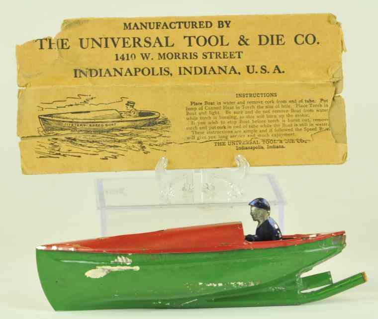 Appraisal: UNIVERSAL SPEEDBOAT WITH BOX Indianapolis IN tin boat painted in