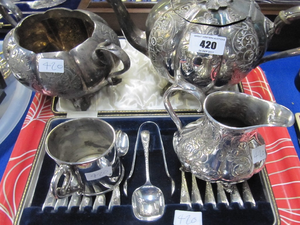 Appraisal: Lot comprising three piece tea service christening mug and spoon