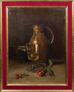 Appraisal: E D Juia Still Life of Glass Jug and Cherries