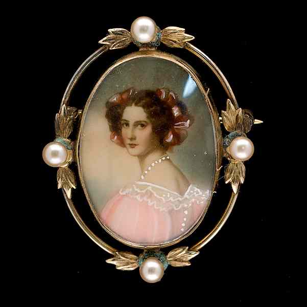 Appraisal: Painted GF Brooch with Pearls A painted gold filled brooch