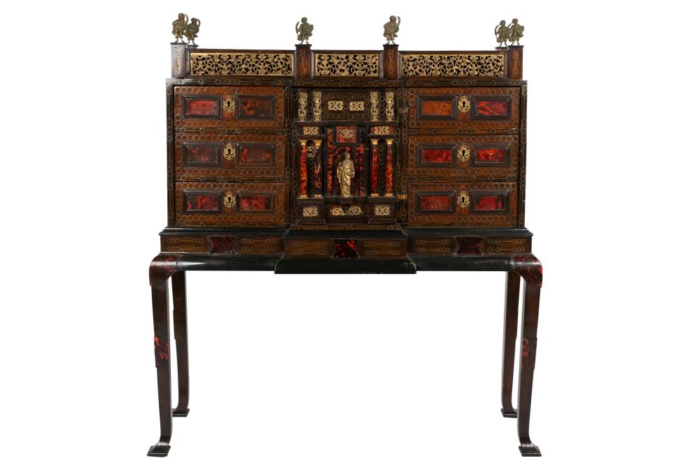 Appraisal: IBERIAN INLAID CABINET ON STANDwith gilt metal mounts and figural