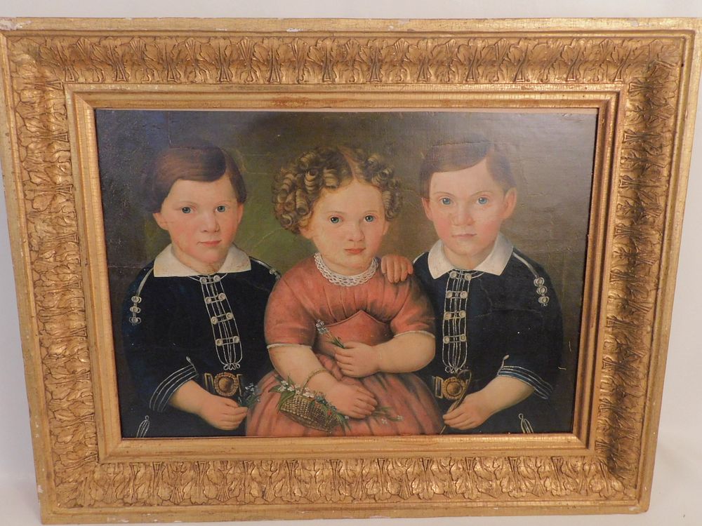 Appraisal: FOLK ART TRIPLE PORTRAIT OF CHILDREN th century oil folk