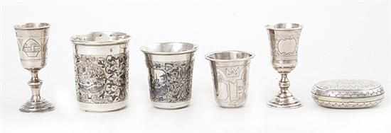 Appraisal: Russian silver beakers cups and snuffbox fine niello-work beaker dated