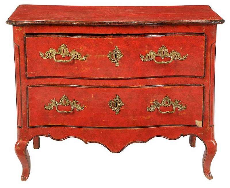 Appraisal: Italian Baroque Red Painted Commode th century two serpentine dovetailed