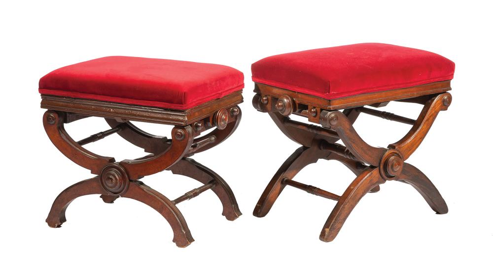 Appraisal: Two American Walnut Adjustable Piano Stools velvet upholstery curule bases