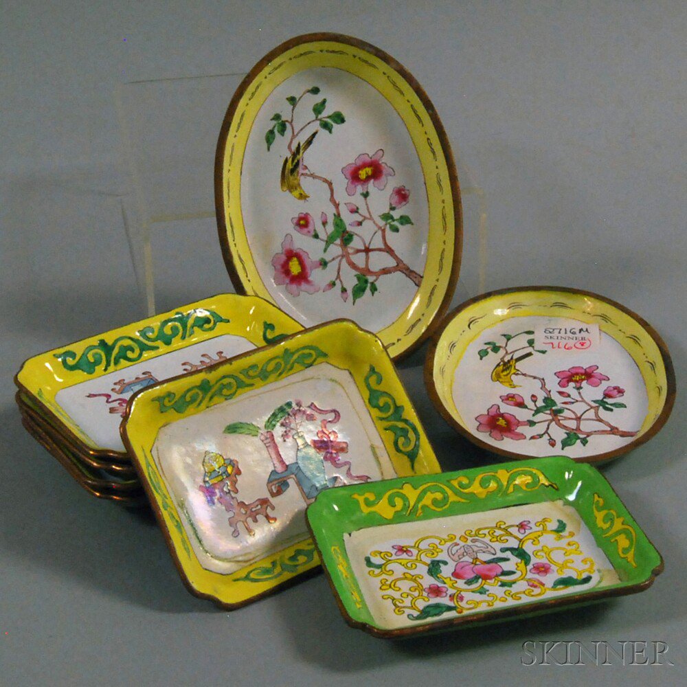 Appraisal: Eight Small Green and Yellow Enamel Dishes with gilt-decorated borders