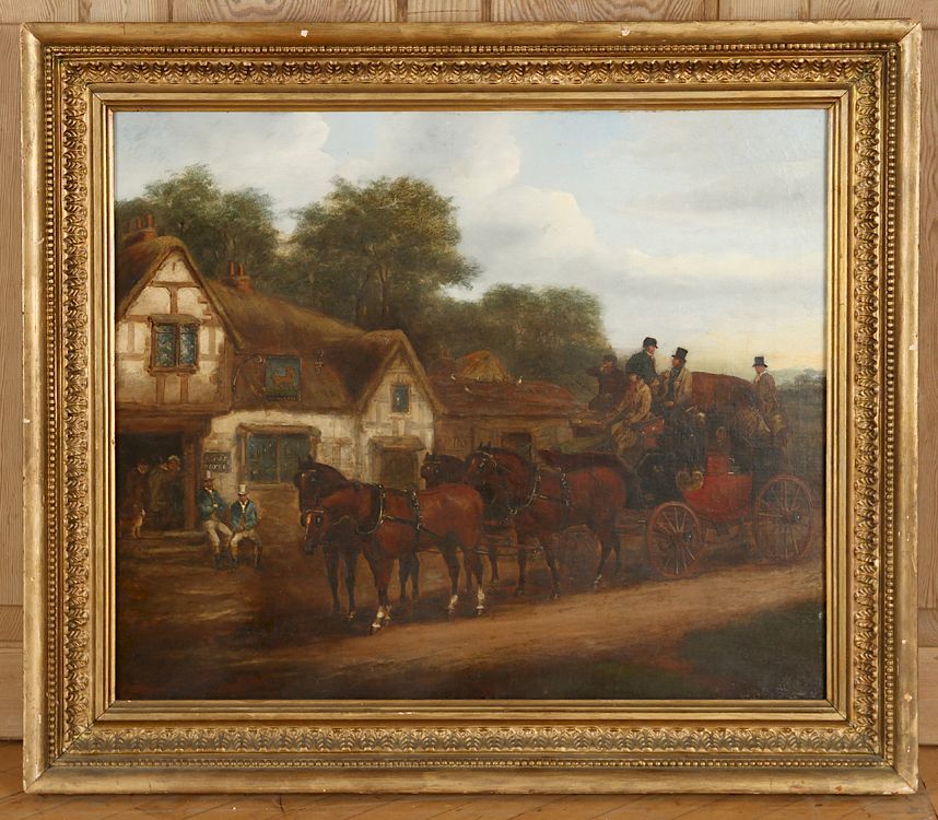 Appraisal: BRITISH SCHOOL HORSE DRAWN CARRIAGE OIL ON CANVAS British School