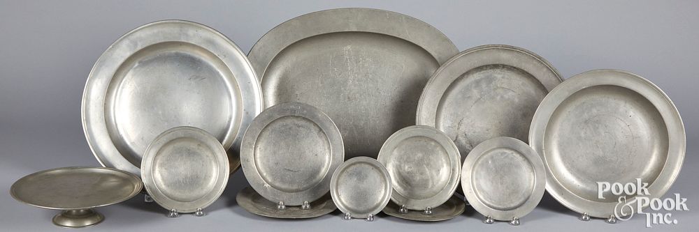 Appraisal: English pewter chargers platter compote etc English pewter chargers platter