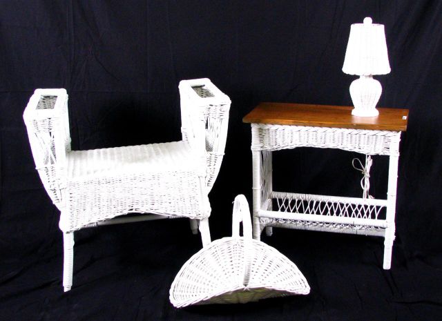 Appraisal: Wicker Lamp Table Bench and Magazine Holder