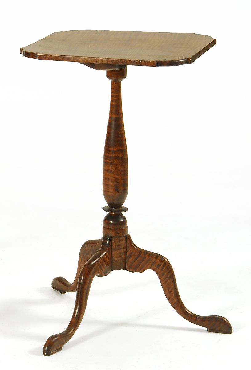 Appraisal: ANTIQUE AMERICAN TIP-TOP CANDLESTAND th CenturyIn tiger maple with shaped