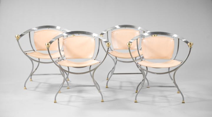 Appraisal: Suite of Four Italian Brass-Mounted Stainless Steel Armchairs late th