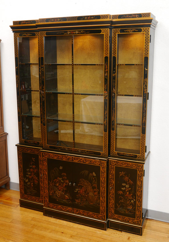 Appraisal: CHINOISERIE DECORATED CHINA DISPLAY CABINET Black with gold chinoiserie decoration