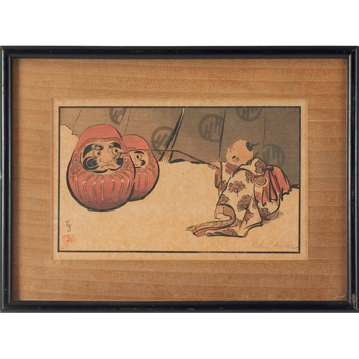 Appraisal: Helen Hyde American - ''Teasing the Daruma '' color woodcut