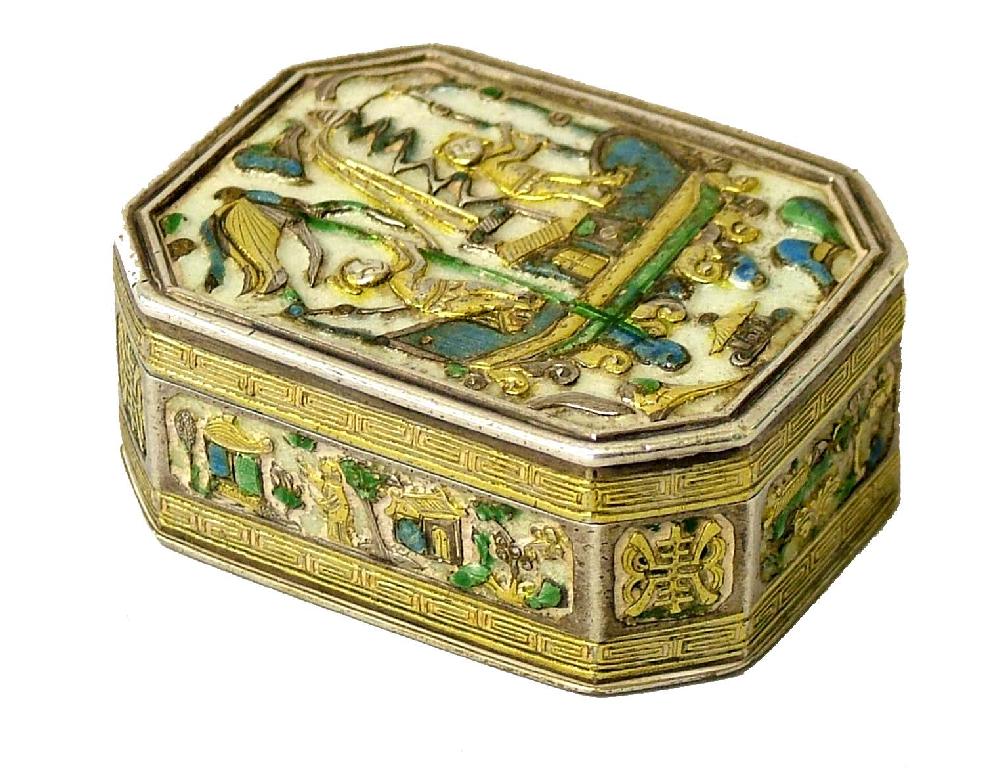 Appraisal: Interesting Chinese silver and gold enamel octagonal shaped box the