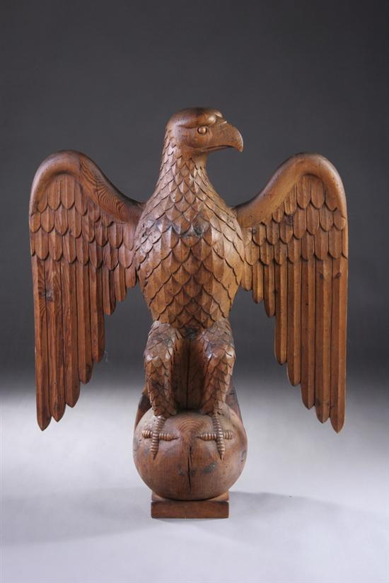 Appraisal: PINE FIGURE OF EAGLE AND GLOBE th century Signed Chapman