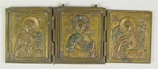 Appraisal: Russian Brass Triptych of Saints When closed the outer cover