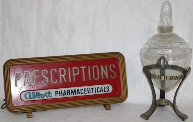 Appraisal: VINTAGE PHARMACY ITEMS TO INCLUDE ABBOTTPHARMACEUTICAL SIGN AND A GLASS