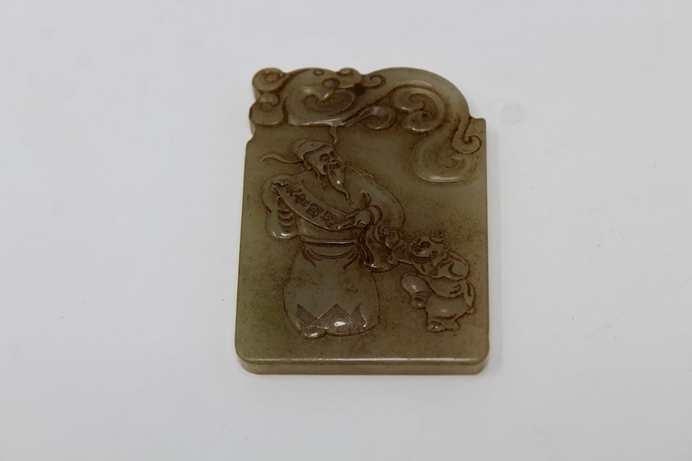 Appraisal: Chinese Carved Jade Figural Pendant Signed Chinese Carved Jade Figural