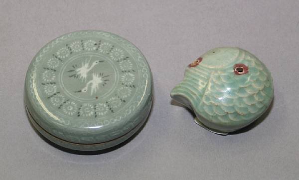 Appraisal: Two Korean celadon glazed stoneware scholar's table objects Including a