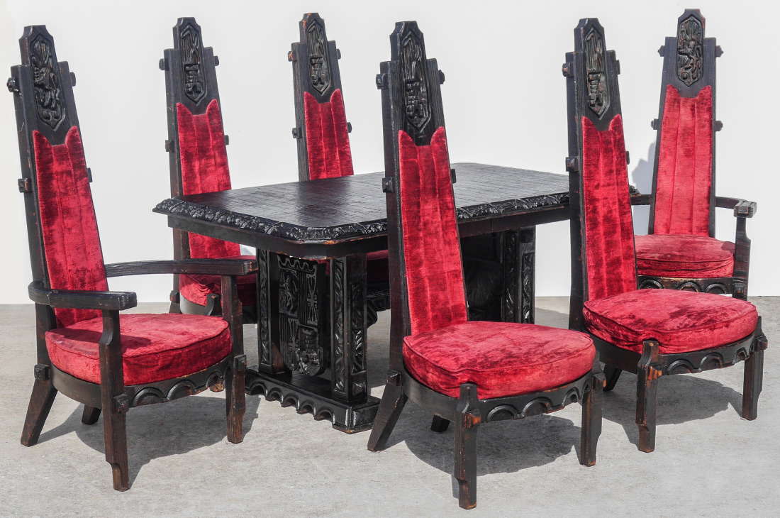 Appraisal: MADERAS DE SANTA BARBARA GOTHIC REVIVAL CARVED TABLE CHAIRS pieces