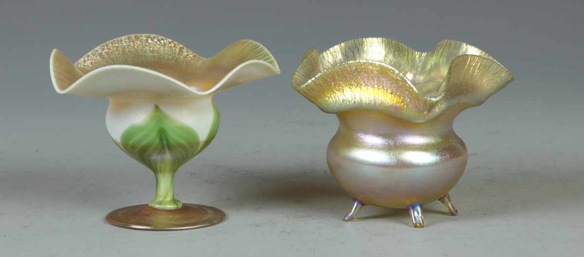 Appraisal: Footed Gold Iridescent Tiffany Vase w Ruffle TopSgn LCT Y