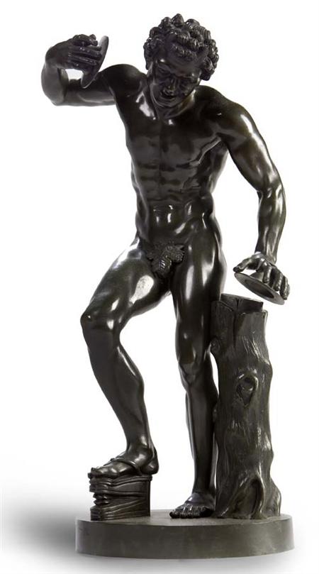 Appraisal: AFTER THE ANTIQUE LATE TH CENTURY DANCING FAUN bronze probably