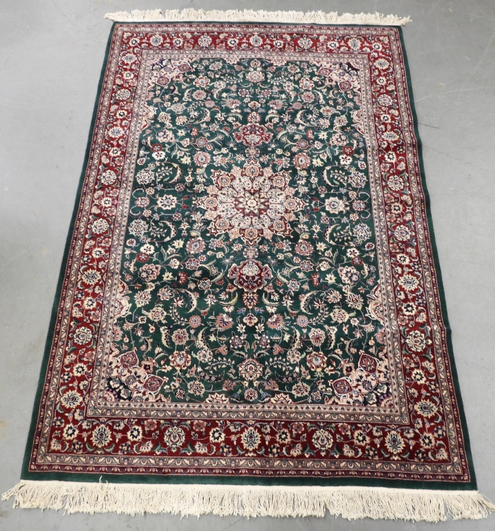 Appraisal: GREEN RED KESHAN ORIENTAL CARPET RUG Middle East th CenturyRed