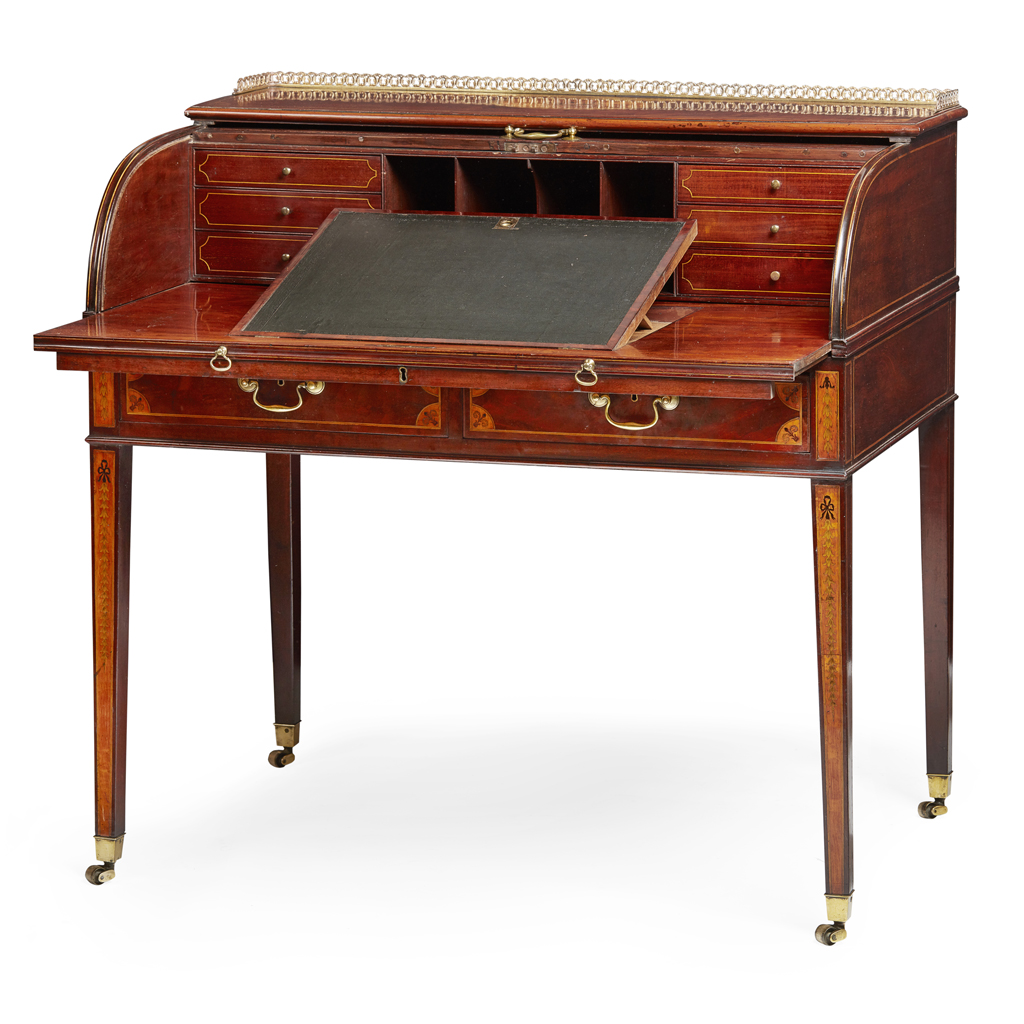 Appraisal: GEORGE III MAHOGANY AND INLAY ROLL TOP DESK TH CENTURY