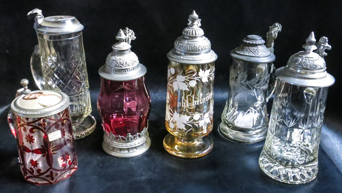 Appraisal: SIX VICTORIAN GLASS STEINS including cut engraved enameled and painted