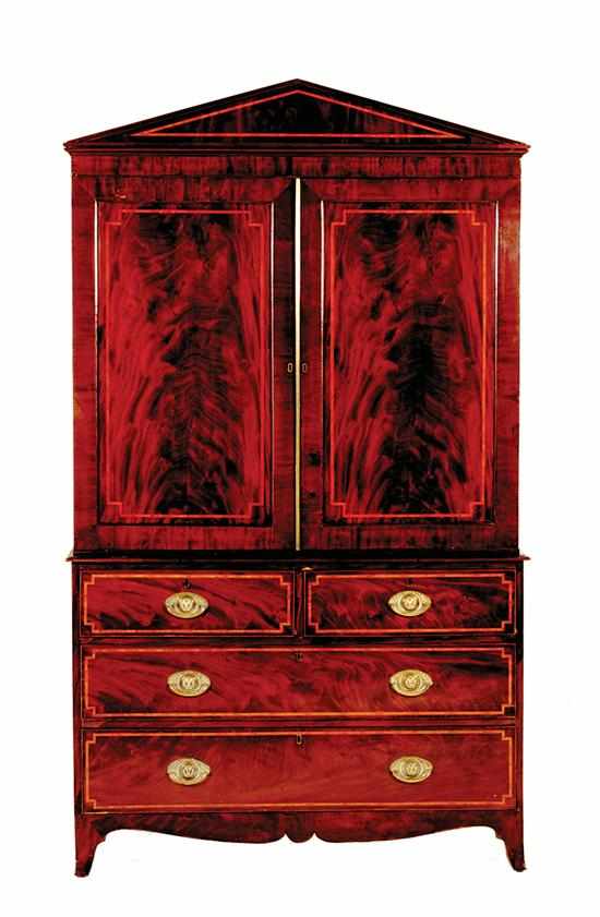 Appraisal: English inlaid mahogany linen press mid th century upper section