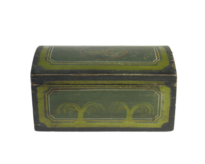 Appraisal: RARE GREEN PAINTED AND FOLIATE DECORATED DOME-TOP DOCUMENT BOX PROBABLY