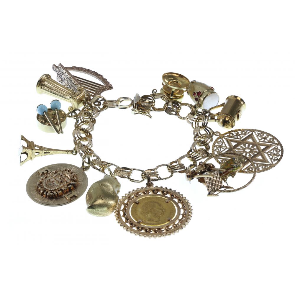 Appraisal: K YELLOW GOLD CHARM BRACELETHaving charms with having gemstones enamel