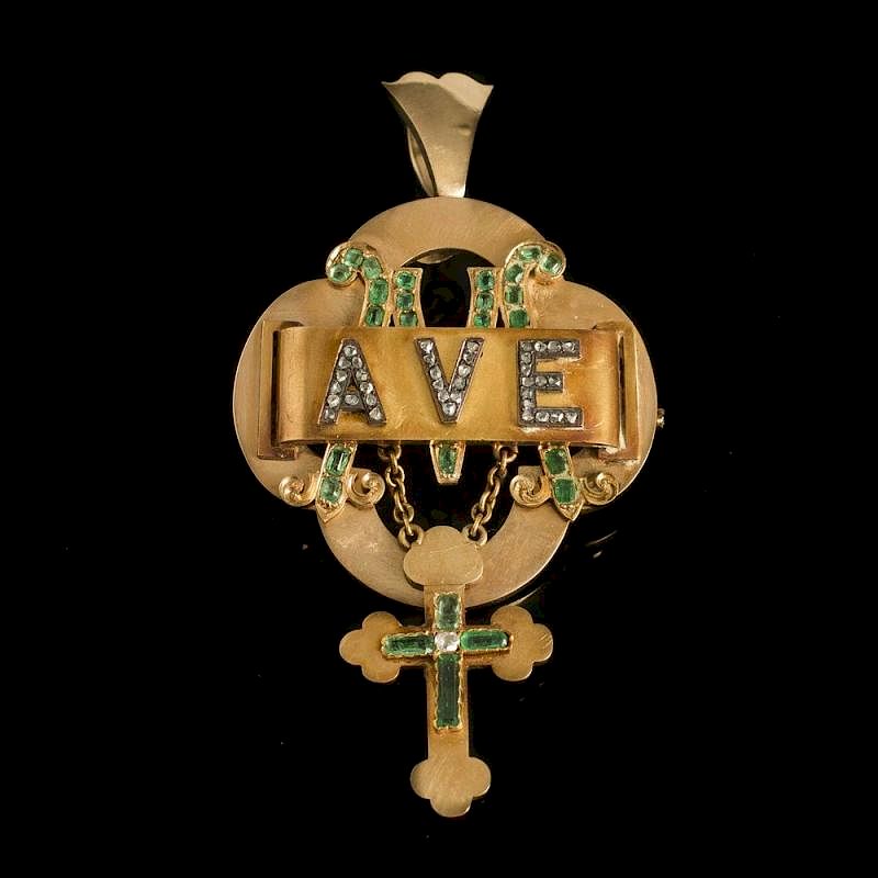 Appraisal: Ave Maria k Gold Brooch with Diamonds Emeralds k yellow