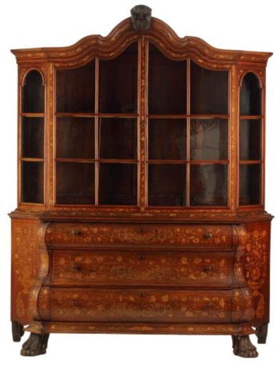 Appraisal: Dutch marquetry inlaid vitrine on chest approx h w d