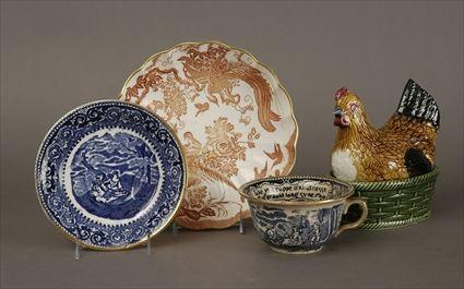 Appraisal: English Red Transfer-Printed Footed Bowl and a Blue Transfer-Printed Large