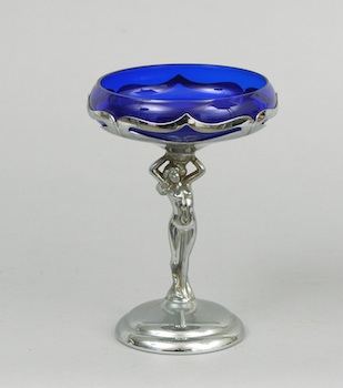 Appraisal: An Art Deco Chrome and Cobalt Glass Compote A Farber