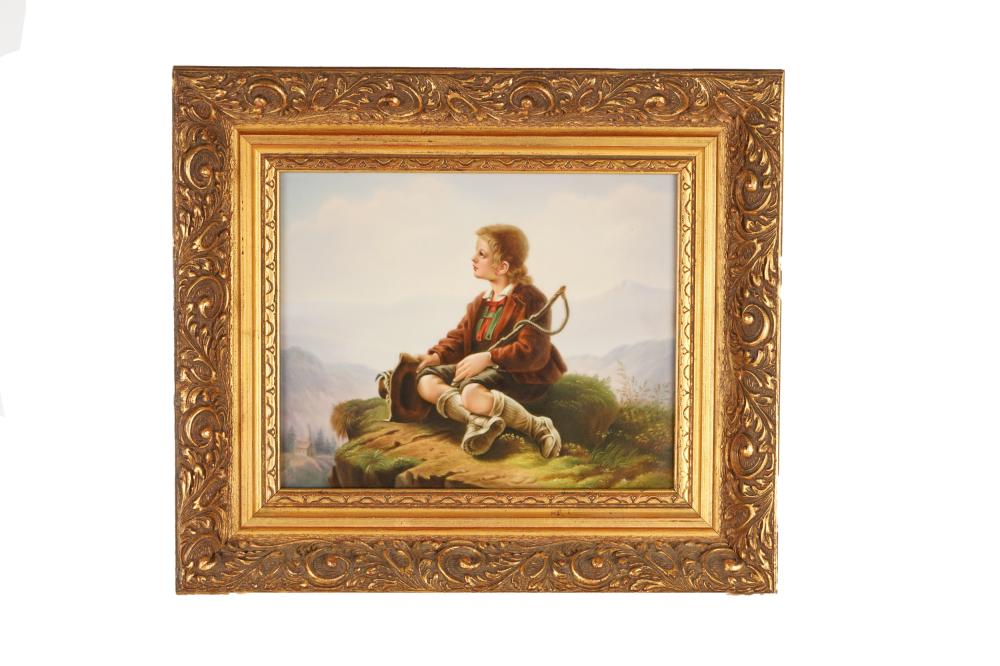 Appraisal: PAINTED PORCELAIN PLAQUEdepicting a boy gazing out over a landscape