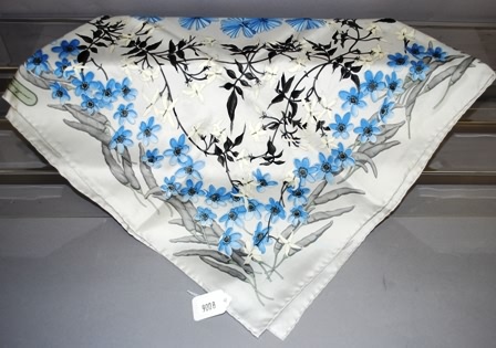 Appraisal: Salvatore Ferragamo silk scarf with white blue gray black bean