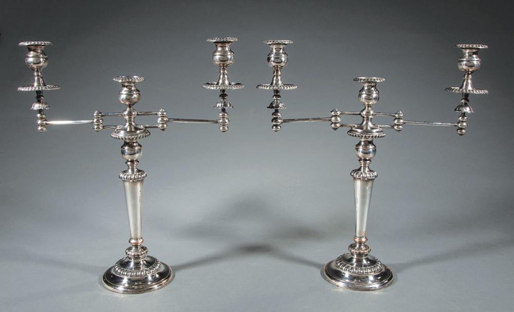 Appraisal: Pair of Georgian Sheffield Plate Three-Light Candelabra c French gadroon