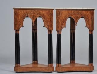 Appraisal: PAIR OF BIEDERMEIER INLAID SATINWOOD CORNER CONSOLES German th Century