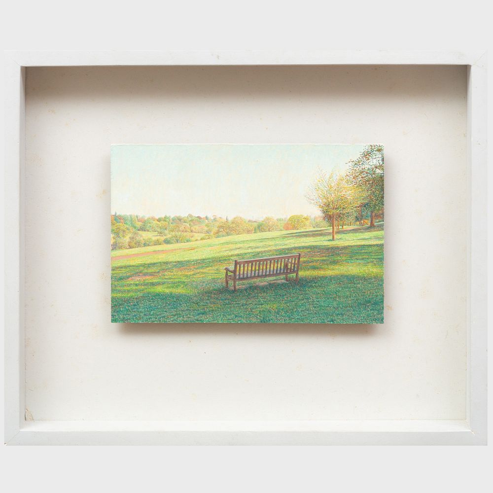 Appraisal: John Parks b Landscape with Bench Oil on board mounted