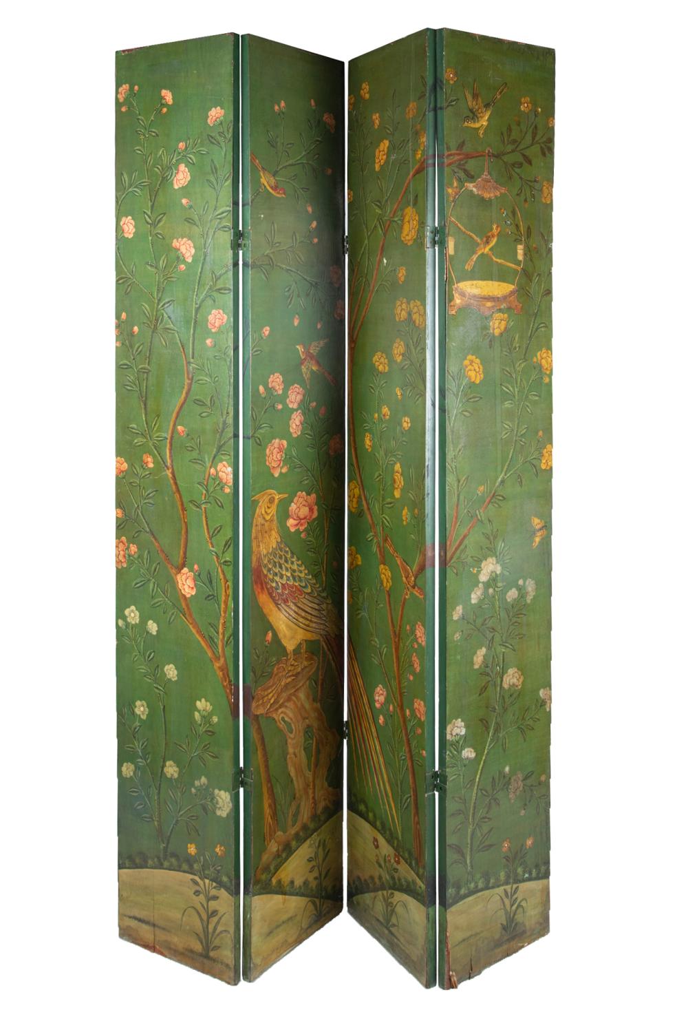 Appraisal: PAINTED FOUR PANEL ROOM DIVIDERwood screen depicting birds and flowers