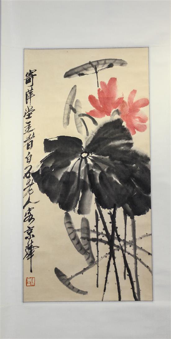 Appraisal: Sale Lot After Qi Baishi - Lotus depicting two pink