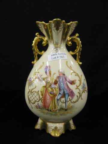 Appraisal: Dresden Porcelain Handpainted Vase elegant courting scenes elaborate gold work