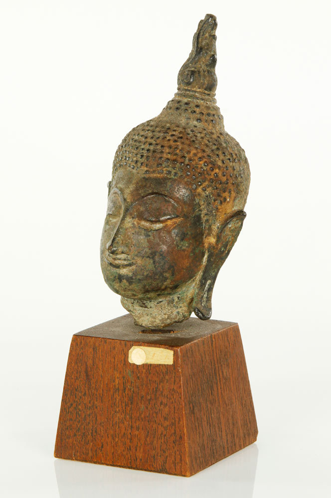 Appraisal: A - Thai Sukhothai Bronze Head Bronze head on wood