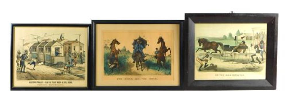 Appraisal: BLACK AMERICANA Three Currier Ives prints On the Homestretch copyright