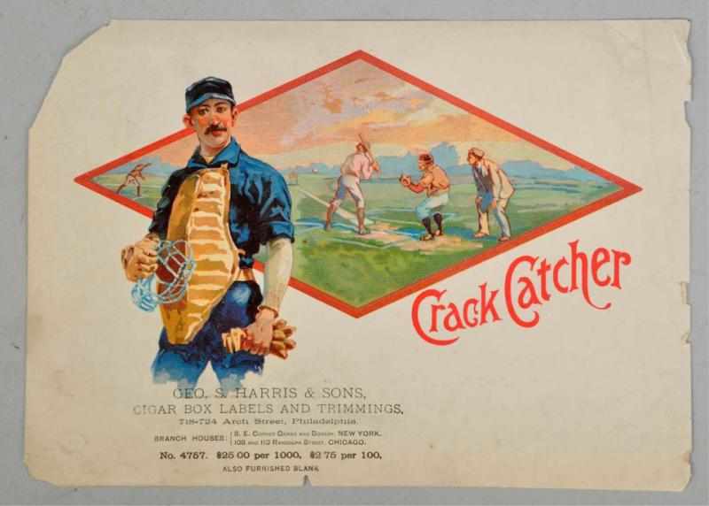 Appraisal: Crack Catcher Baseball Cigar Label Originally made in Philadelphia PA